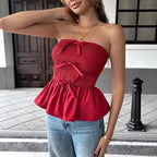Women's Bandeau Top with Ruched Detail and Flattering Flounce
