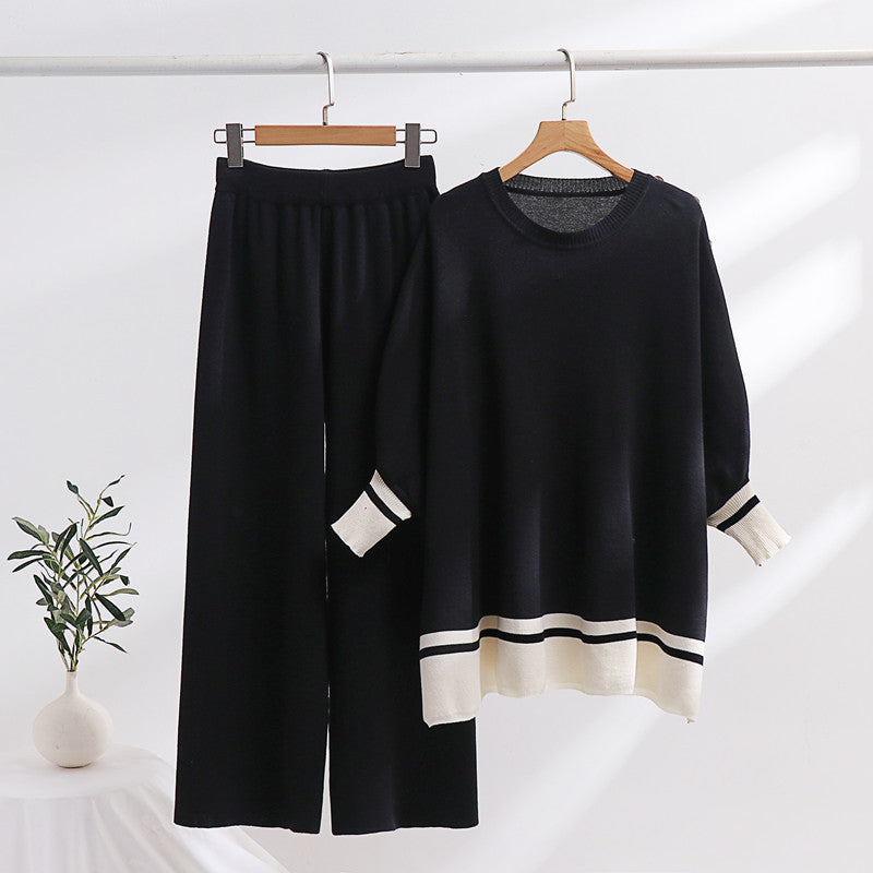Women's Casual Knit Loungewear Set with Contrast Hem and Wide Cut