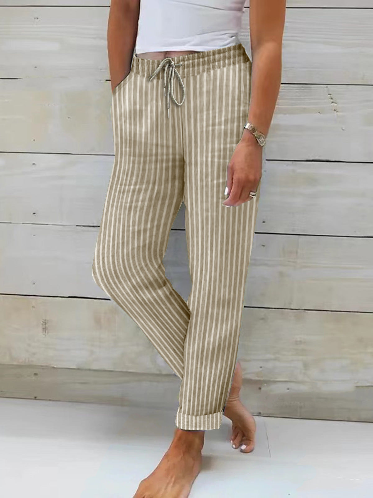 Women's Relaxed Cotton Striped Trousers with Adjustable Waist