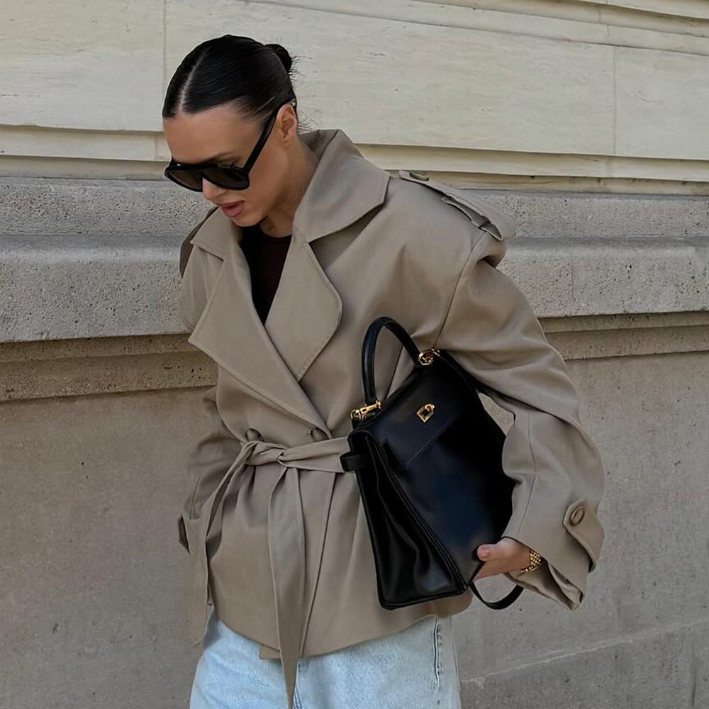 Women's Fashionable Trench Coat with Belt and Dropped Shoulders
