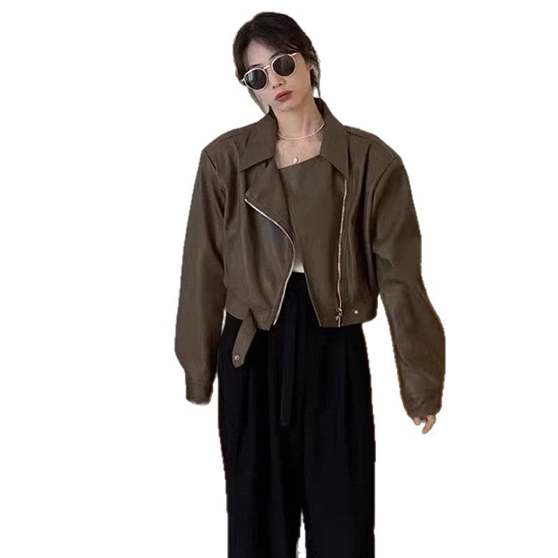 Women's Cropped Biker Jacket with Asymmetric Zipper