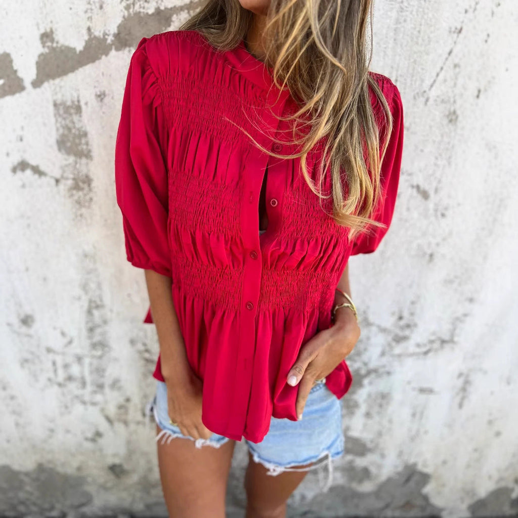 Women's Blouse with Gathered Detail and Button Closure