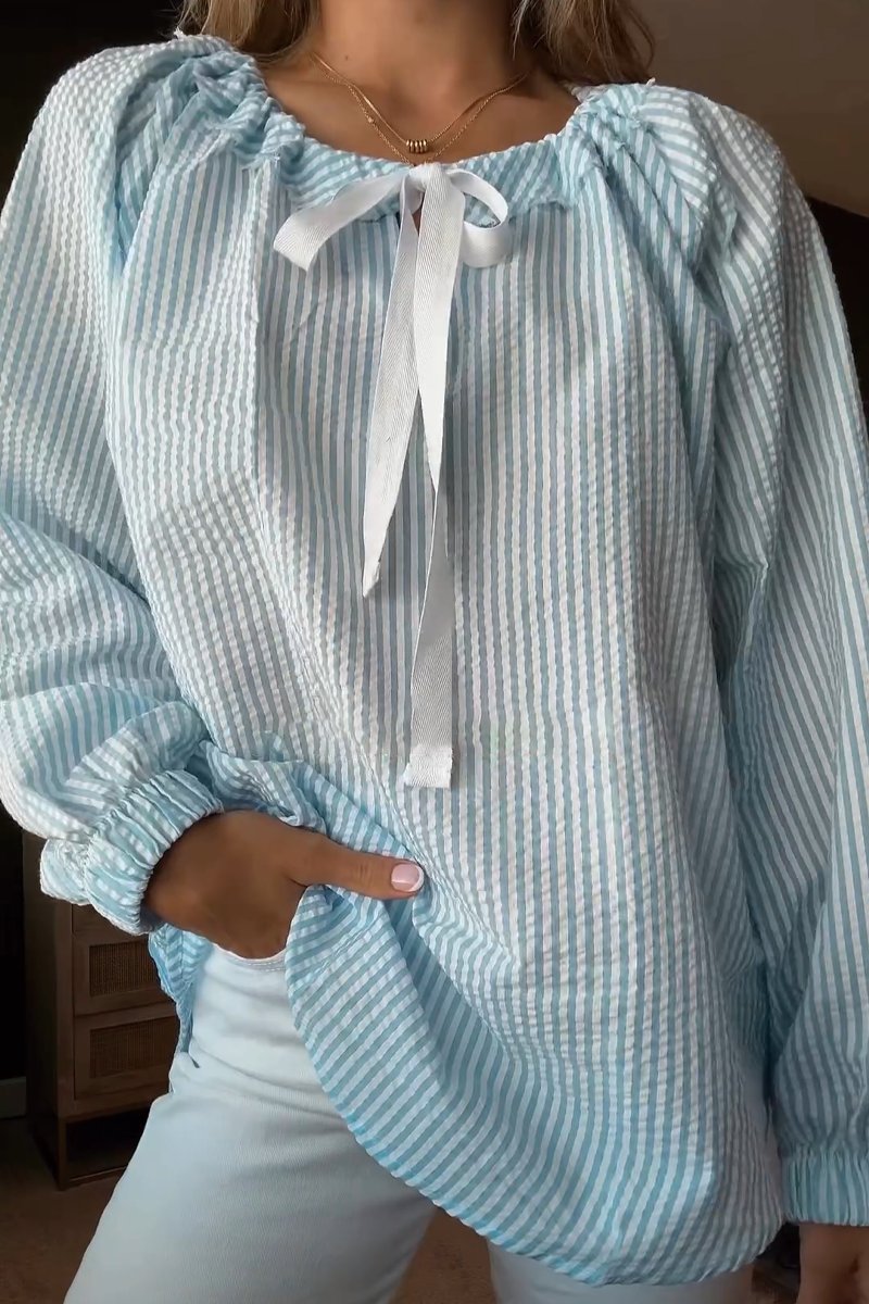 Blouse with Elastic Puff Sleeves and Decorative Tie