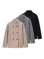 Elegant Women's Winter Jacket with Double-Breasted Button Front and Stand-Up Collar