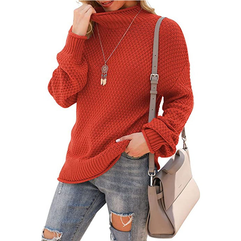 Women's Chunky Knit Sweater with High Collar and Textured Surface