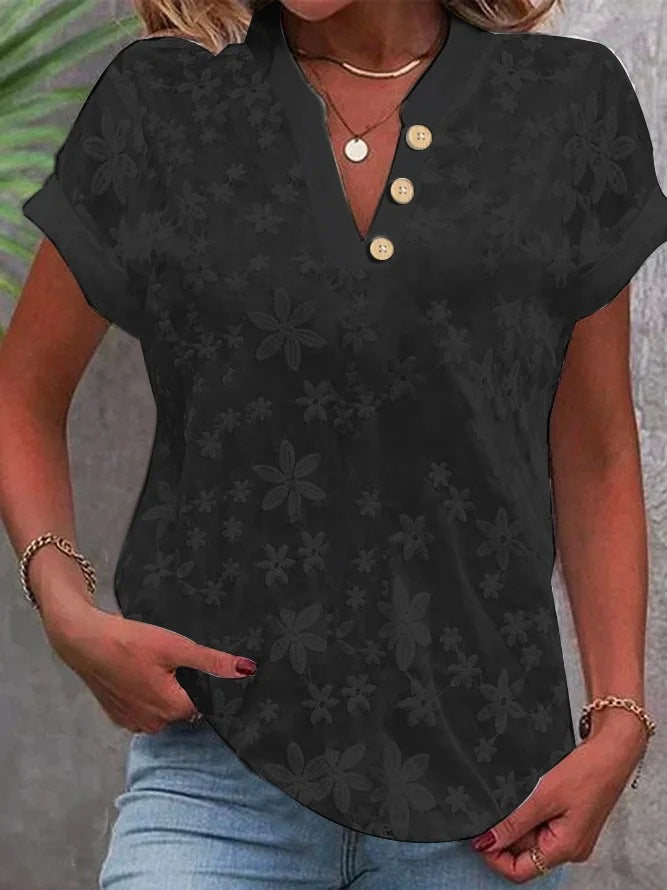 Women's Blouse with Floral Embroidery and Classic V-Neck
