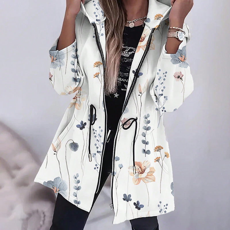 Fashionable Parka with Floral Accents and Adjustable Waist