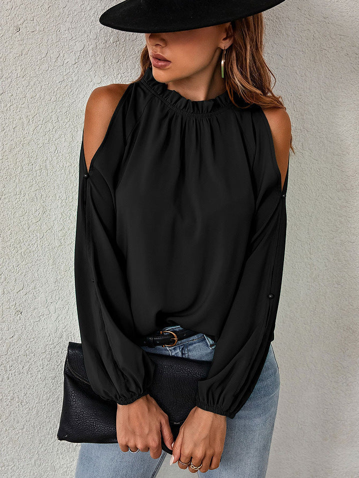 Women's Blouse with Cold Shoulder Details and Elastic Sleeves
