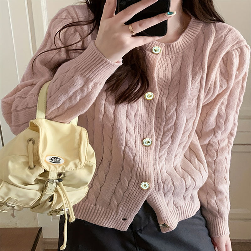 Women's Chunky Knit Cardigan with Button Closure and Cable Knit Pattern