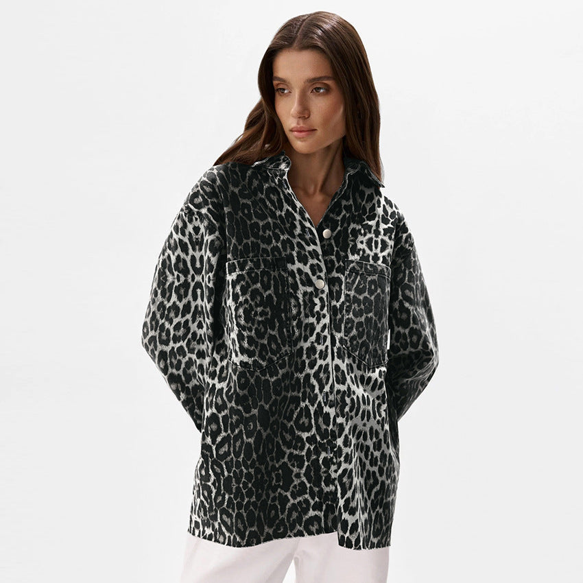 Women's Fashionable Leopard Print Overshirt with Pockets