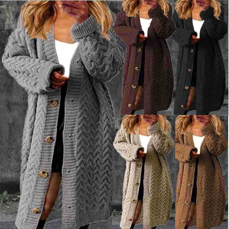 Women's Large Knit Coat with Decorative Button Closure and Cable Pattern