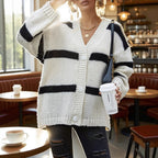 Women's Chunky Knit Cardigan with Fashionable Stripes