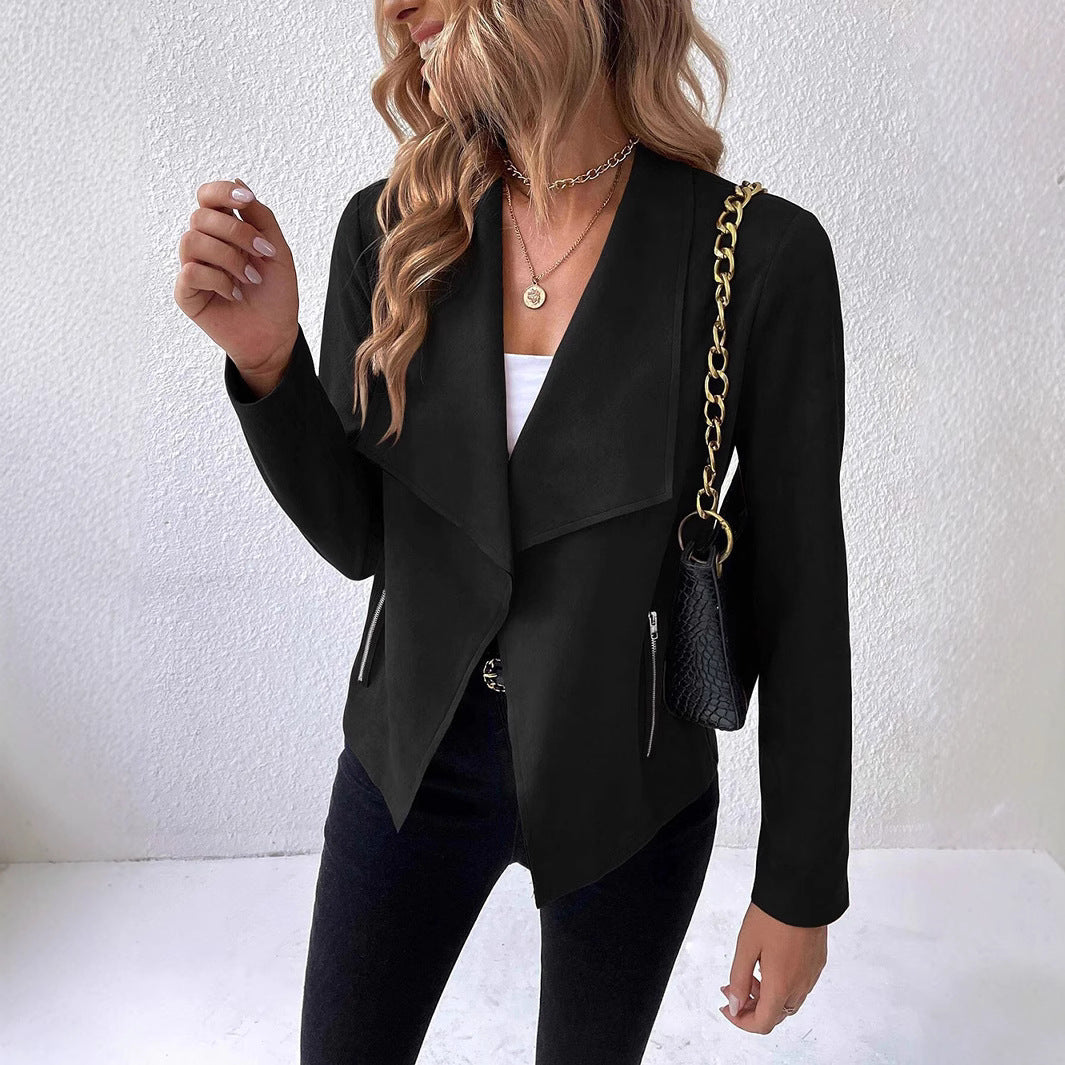 Women's Elegant Short Blazer with Asymmetrical Cut and Zipper Pockets
