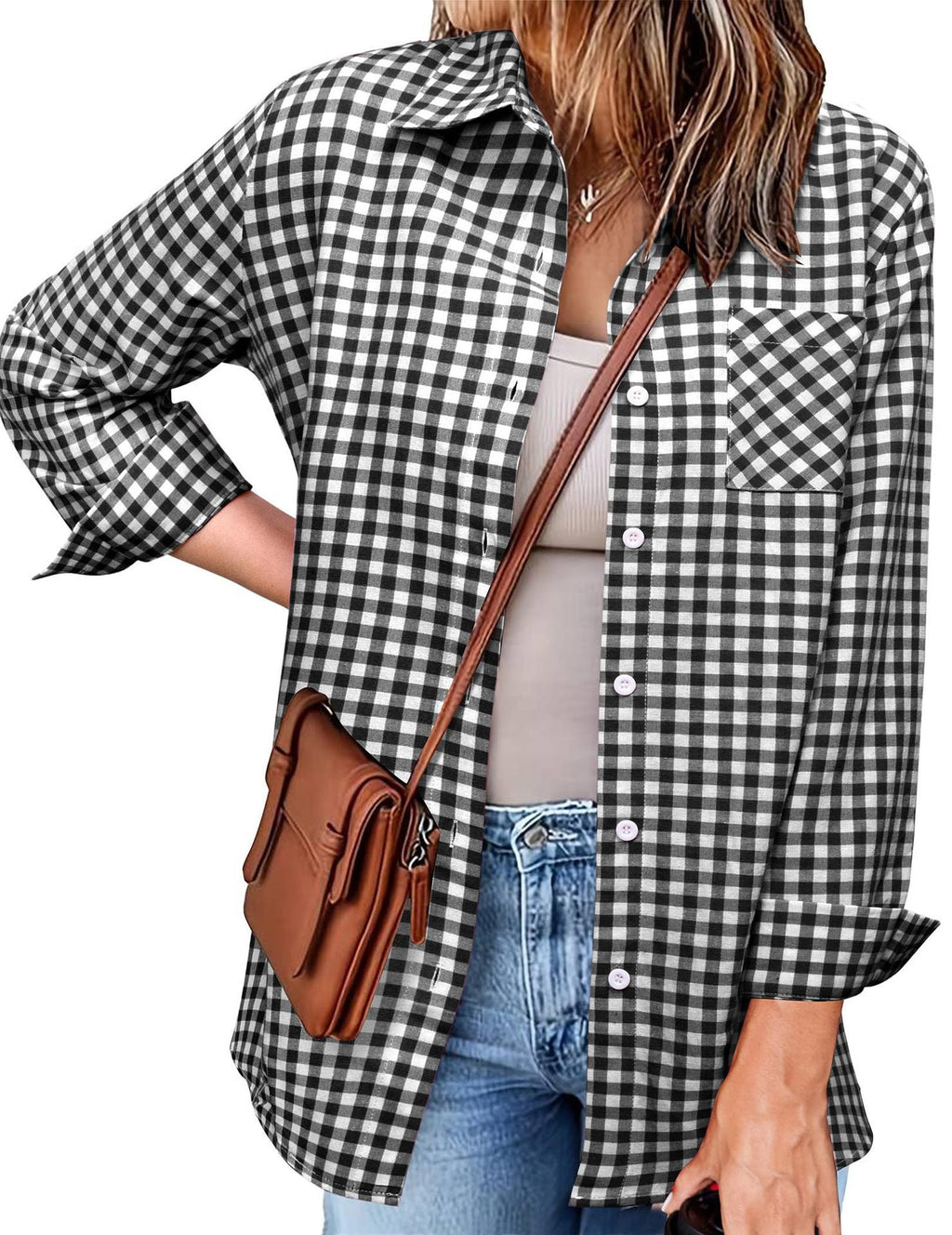Women's Plaid Shirt with Casual Cut and Chest Pocket
