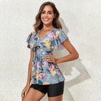 Women's Swim Top with Floral Design and Voluminous Ruffle Details