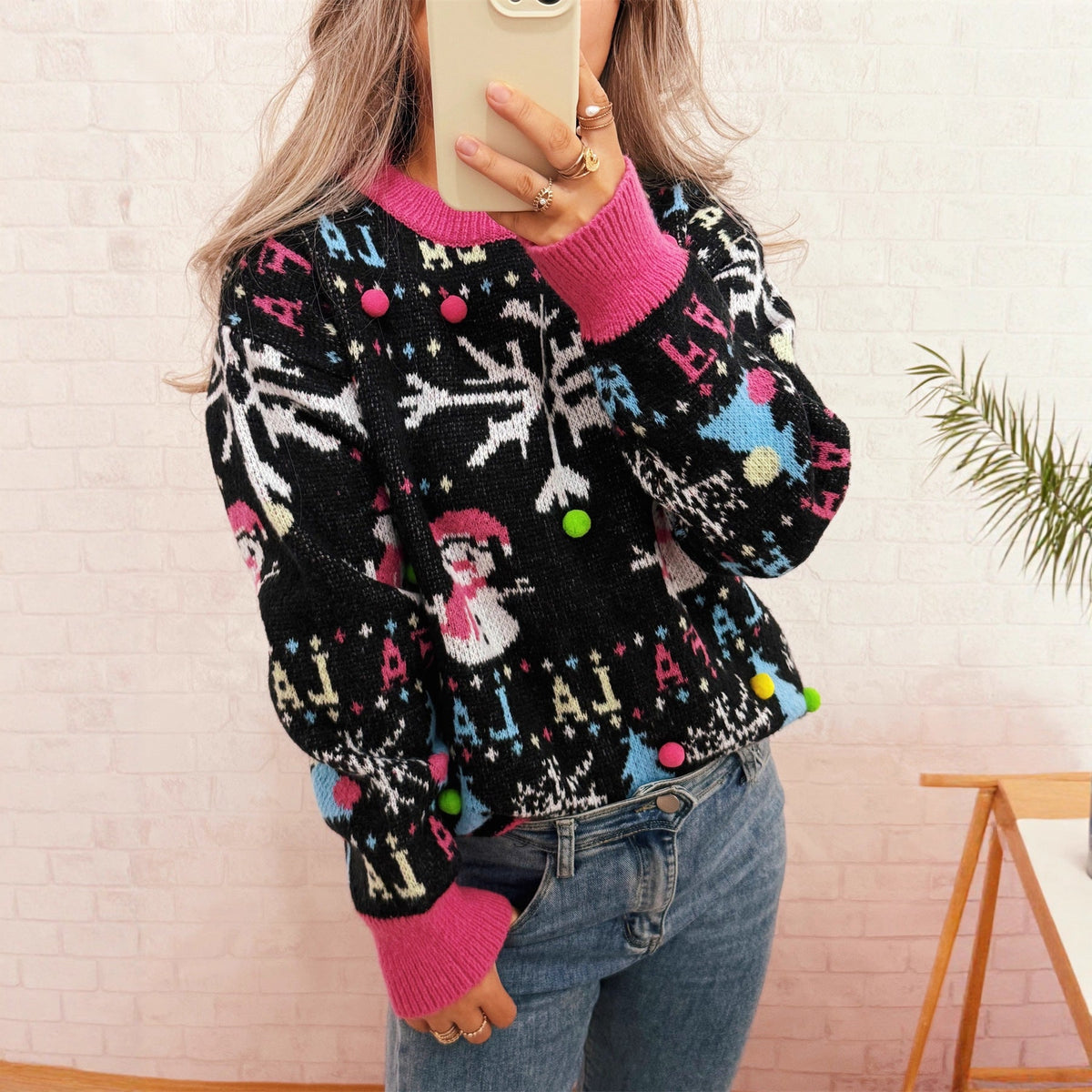 Women's Festive Sweater with Colorful Holiday Motifs and Playful Details