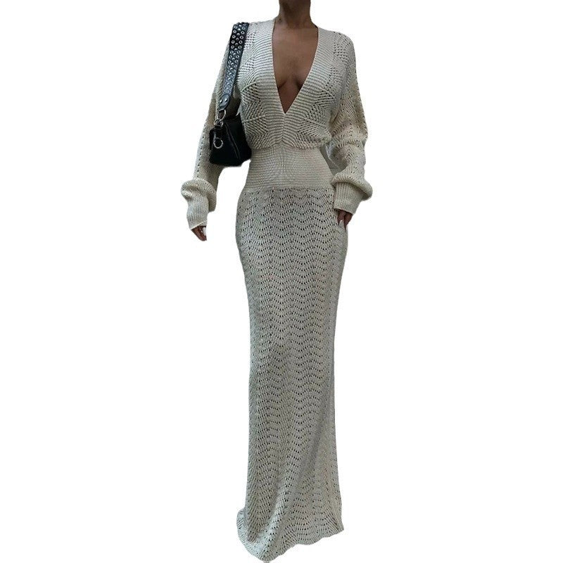 Elegant Crocheted Maxi Dress with Deep V-Neck
