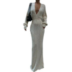Elegant Crocheted Maxi Dress with Deep V-Neck