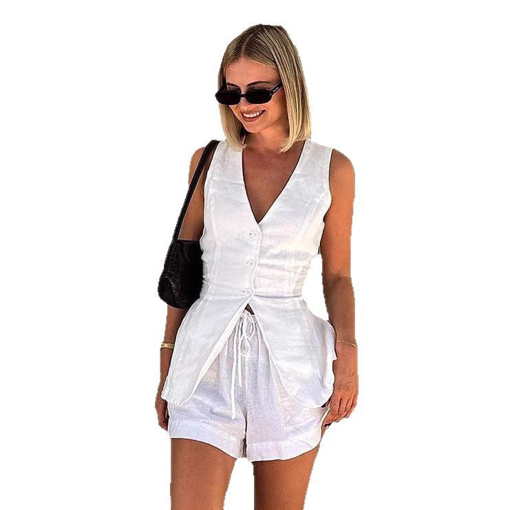 Women's Elegant Linen Blouse and Shorts Set