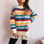 Women's Adorable Sweater with Fringe and Colorful Stripe Pattern