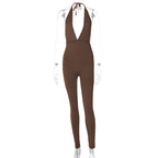 Elegant Jersey Jumpsuit with Deep Neckline and Tie Straps