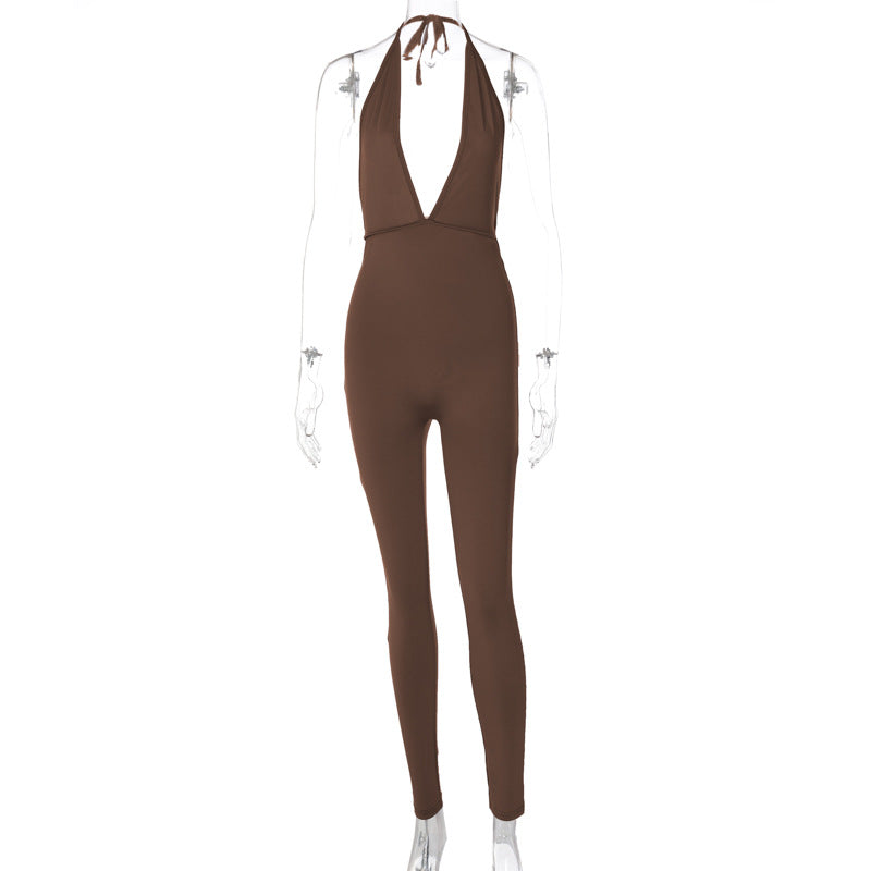 Elegant Jersey Jumpsuit with Deep Neckline and Tie Straps