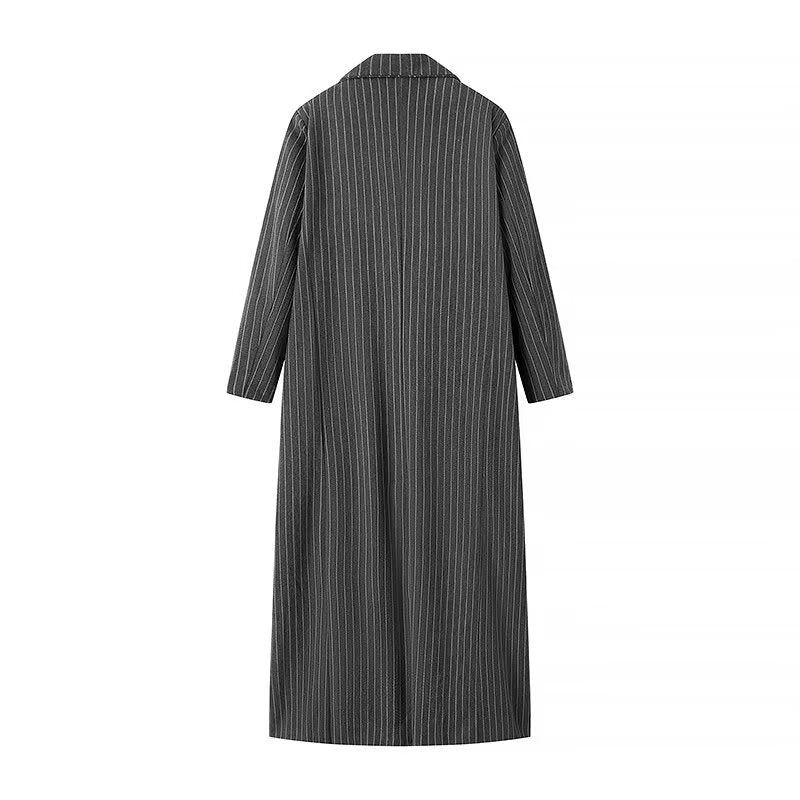 Women's Elegant Striped Long Blazer with Double-Breasted Button Closure and Side Pockets