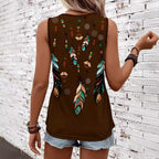 Sleeveless Top with Colorful Feather and Floral Print