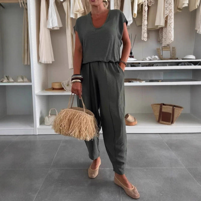 Women's Casual Jumpsuit with Elastic Waist and Pockets