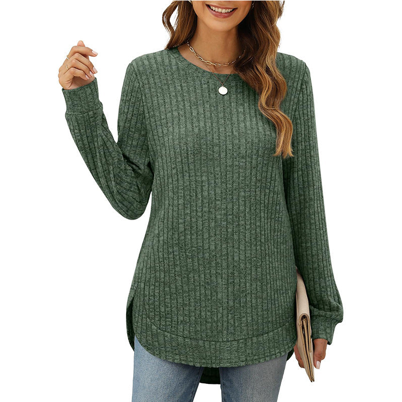 Women's Casual Ribbed Long-Sleeve Shirt with Side Slits