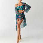 Women's Swim Set with Floral Top and Sheer Beach Cover-Up
