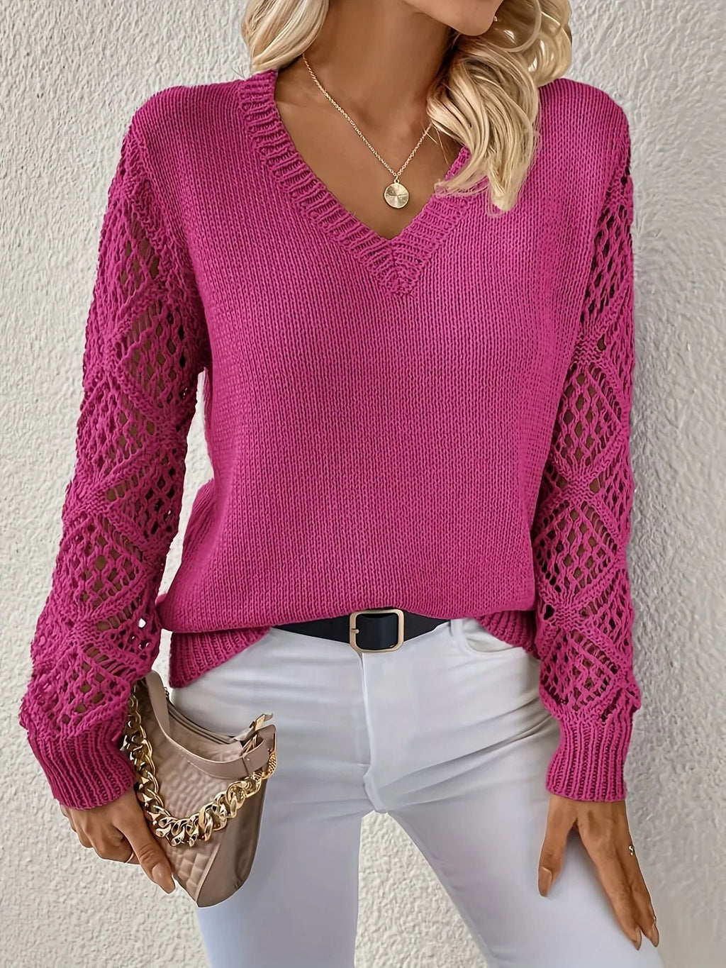 Elegant V-Neck Knit Sweater with Crocheted Sleeves