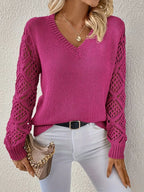 Elegant V-Neck Knit Sweater with Crocheted Sleeves