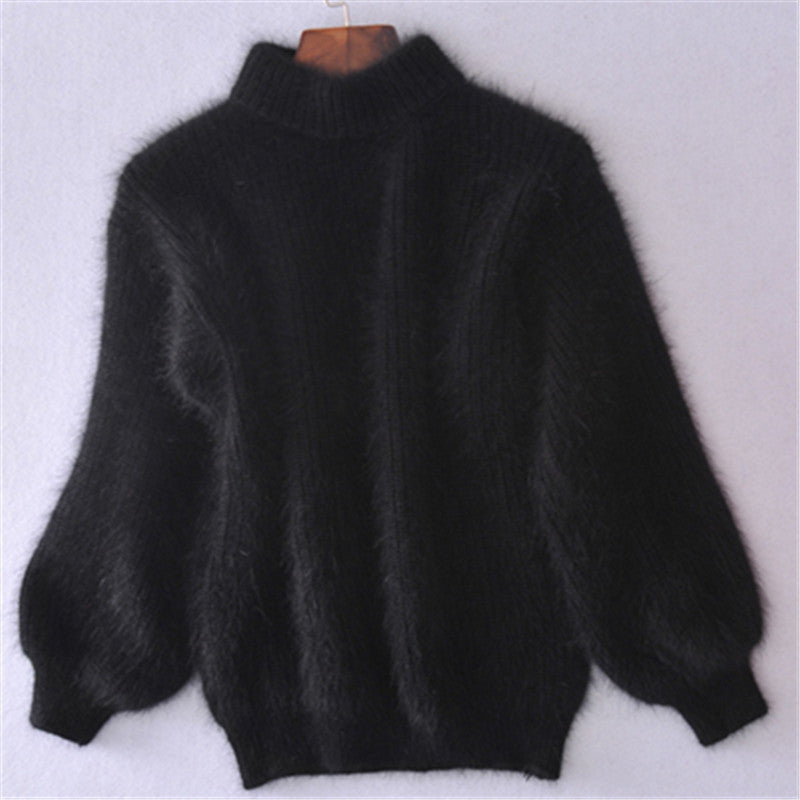 Women's fluffy turtleneck pullover with puff sleeves and textured design
