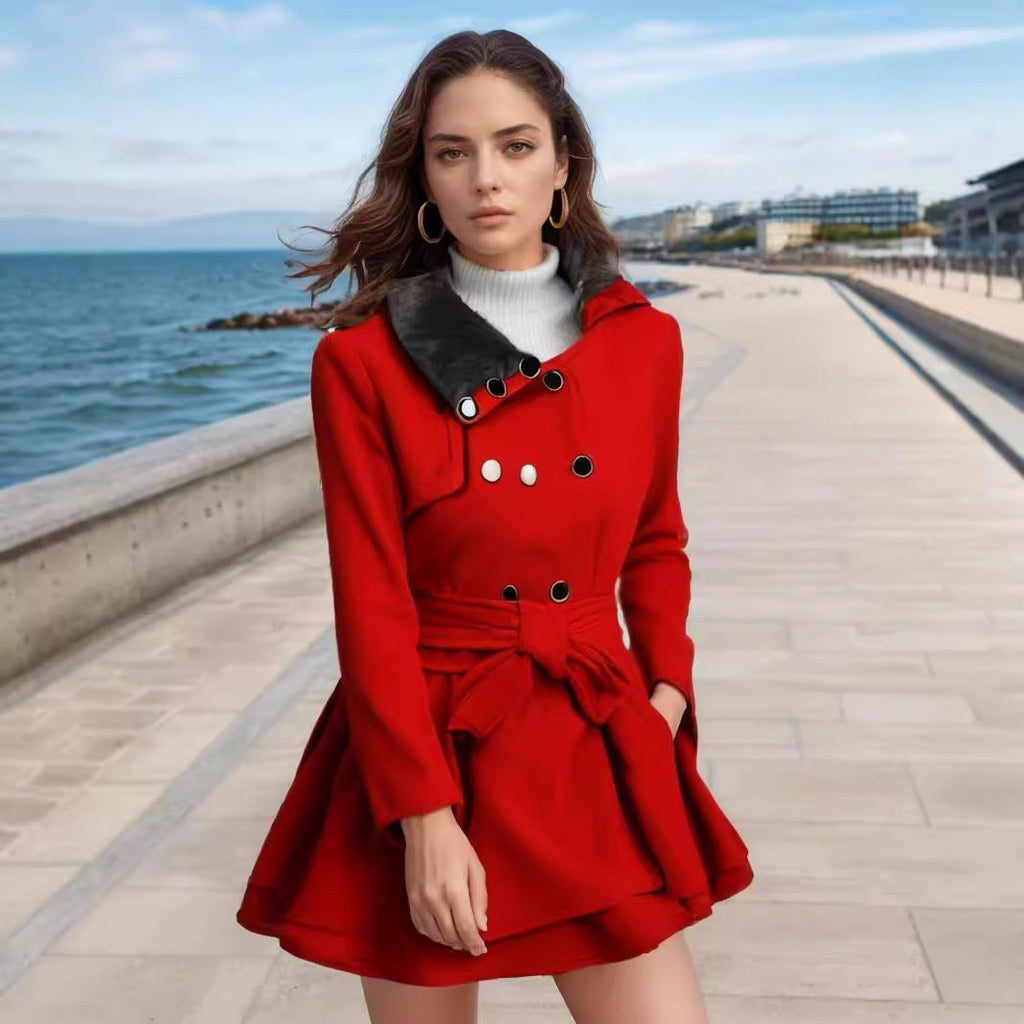 Women's Elegant Trench Coat with Detachable Faux Fur Collar and Waist Belt
