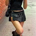 Women's Faux Leather Mini Skirt with Ruffles and Decorative Studs