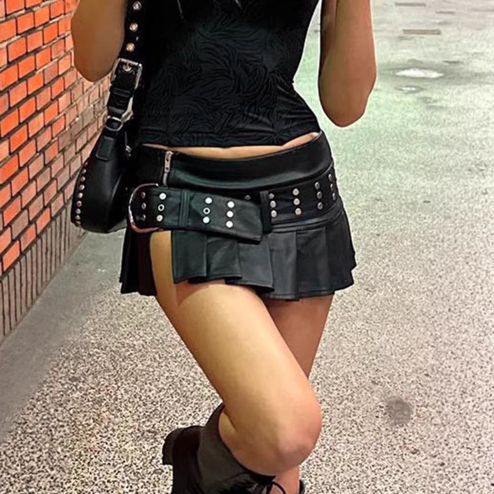 Women's Faux Leather Mini Skirt with Ruffles and Decorative Studs