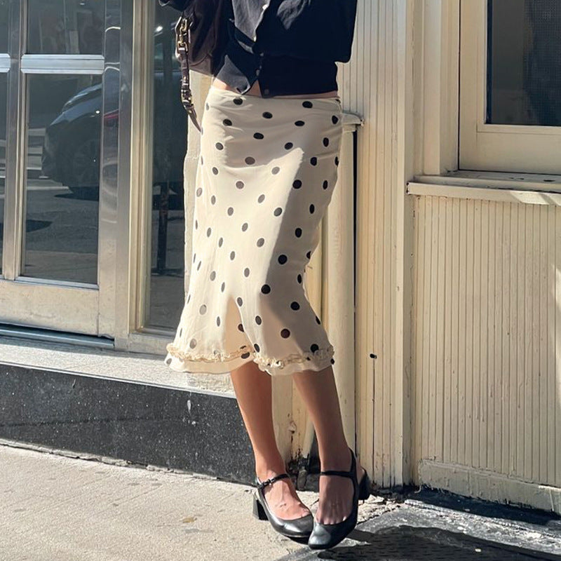 Women's Polka Dot Pencil Skirt with Delicate Lace Trim