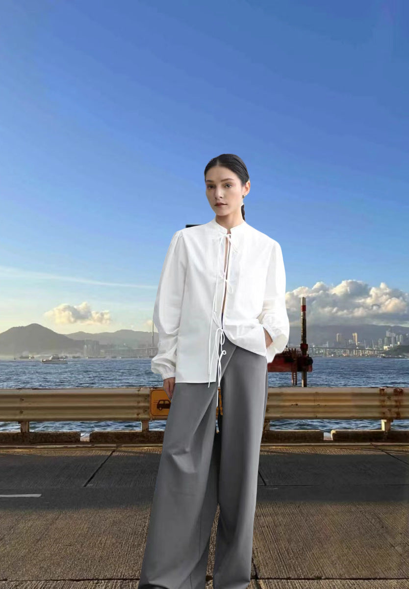 Button-Down Blouse with Decorative Tie Detail