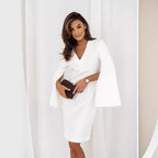 Women's Elegantly Cut Wrap Dress with Statement Trumpet Sleeves and V-Neck