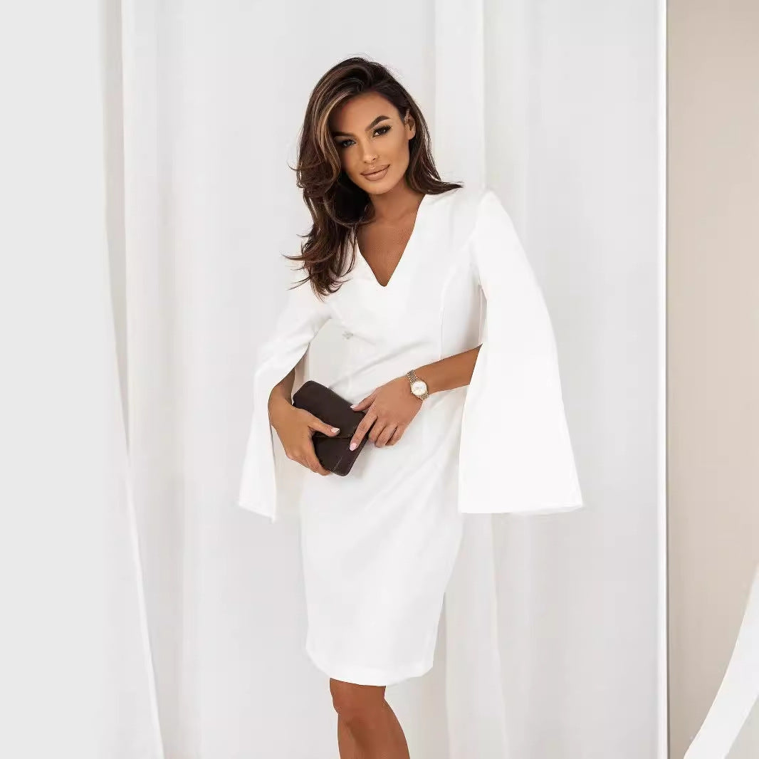 Women's Elegantly Cut Wrap Dress with Statement Trumpet Sleeves and V-Neck