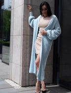 Women's Fluffy Long Knit Coat with Side Slit and Loose Fit