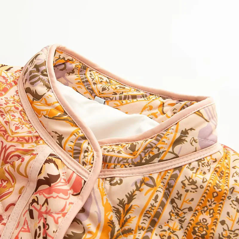 Women's Elegant Padded Jacket with Floral Pattern and Pockets