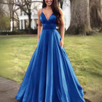 Women's A-Line Evening Dress with Deep Neckline and Thin Straps