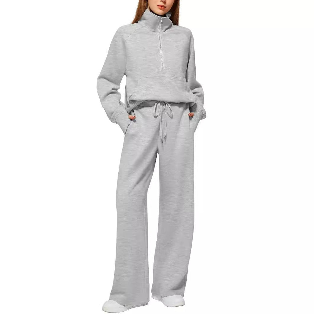 Women's Casual Sweatpants Suit with High Collar and Kangaroo Pocket