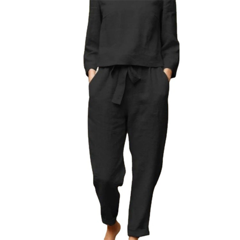 Women's Casual Two-Piece Linen Outfit with Wide Waistband