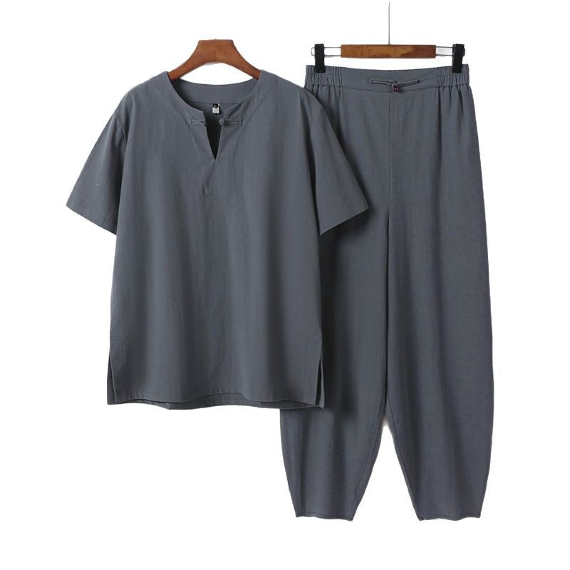 Men's Two-Piece Set with Short Sleeve Stand Collar Shirt and Elastic Harem Pants