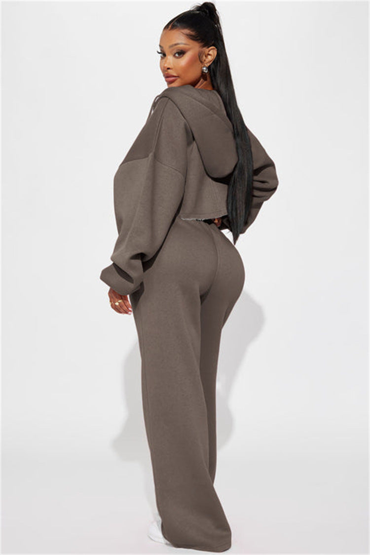 Women's Fleece Hooded Crop Top and Wide-Leg Jogger Lounge Set