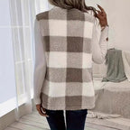Women's Fluffy Plaid Vest with Pockets