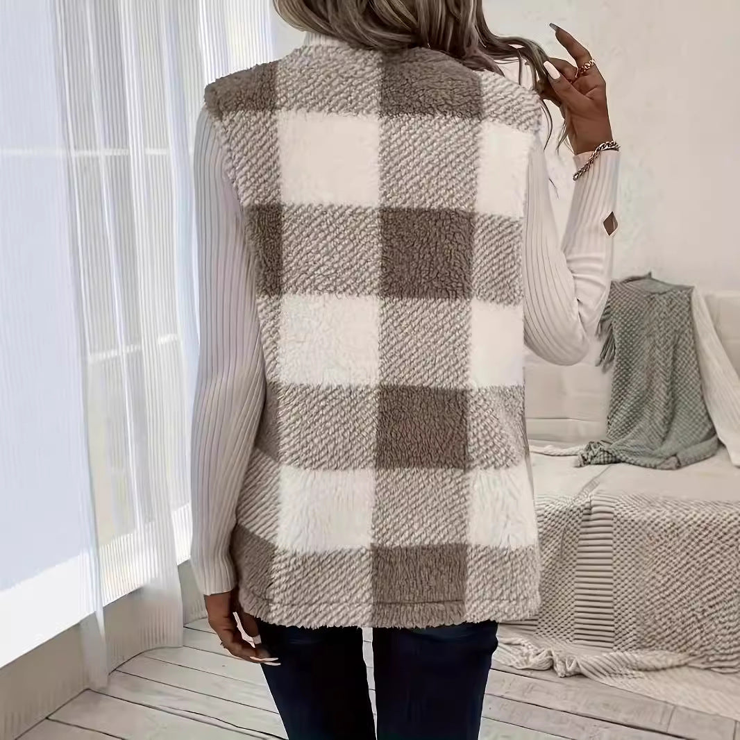 Women's Fluffy Plaid Vest with Pockets